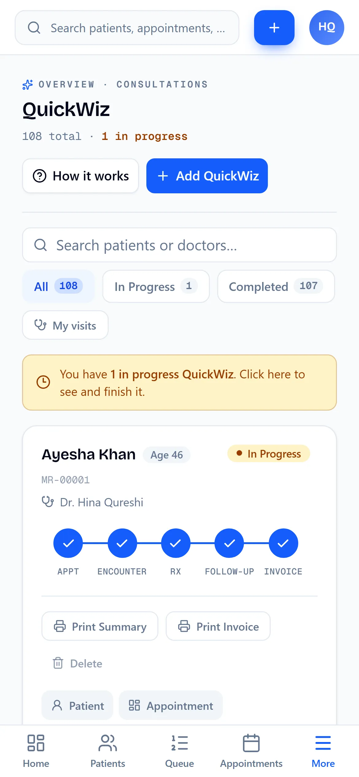 QuickWiz visit board on a phone, with the step rail for Ayesha Khan's visit